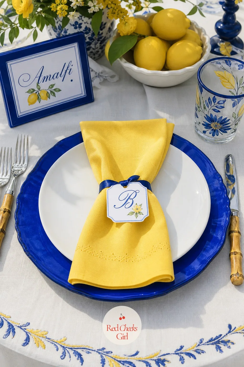 Amalfi Blue and Yellow Place Settings with Monogrammed Napkins — If red check feels like someone else's trattoria, go coastal instead. Italian birthday party