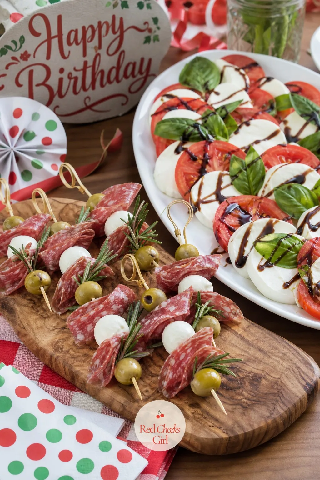 Antipasto Skewers and a Caprese Platter — Before the pasta line opens, give guests something to hold a glass and a bite with at once. Italian birthday party