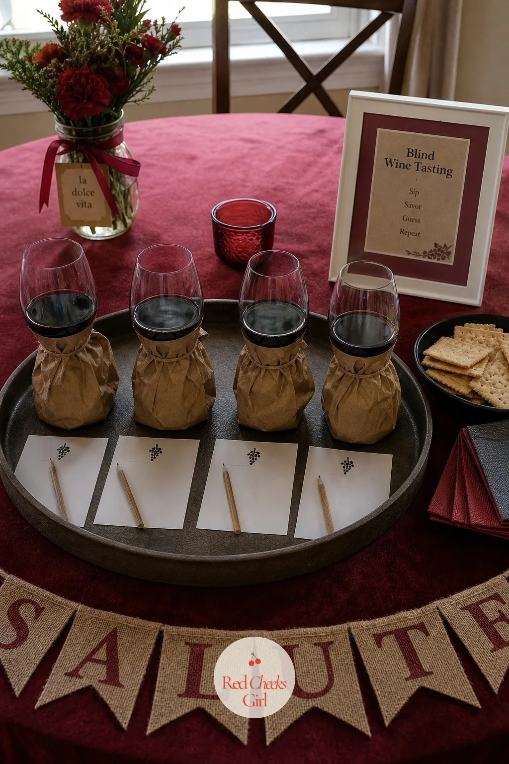 A Blind Wine Tasting Flight — Four small glasses of wine, each bottle wrapped so the label stays hidden, lined up on a tray with a blank card and pencil for