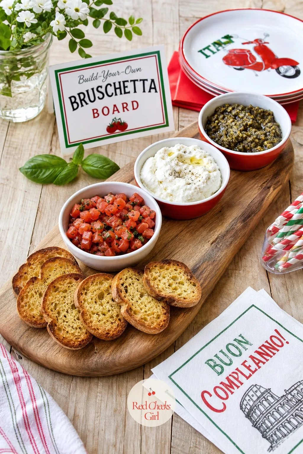 Build-Your-Own Bruschetta Board — One toasted baguette, three toppings, zero actual cooking beyond the toasting: diced tomato and basil, whipped ricotta, a