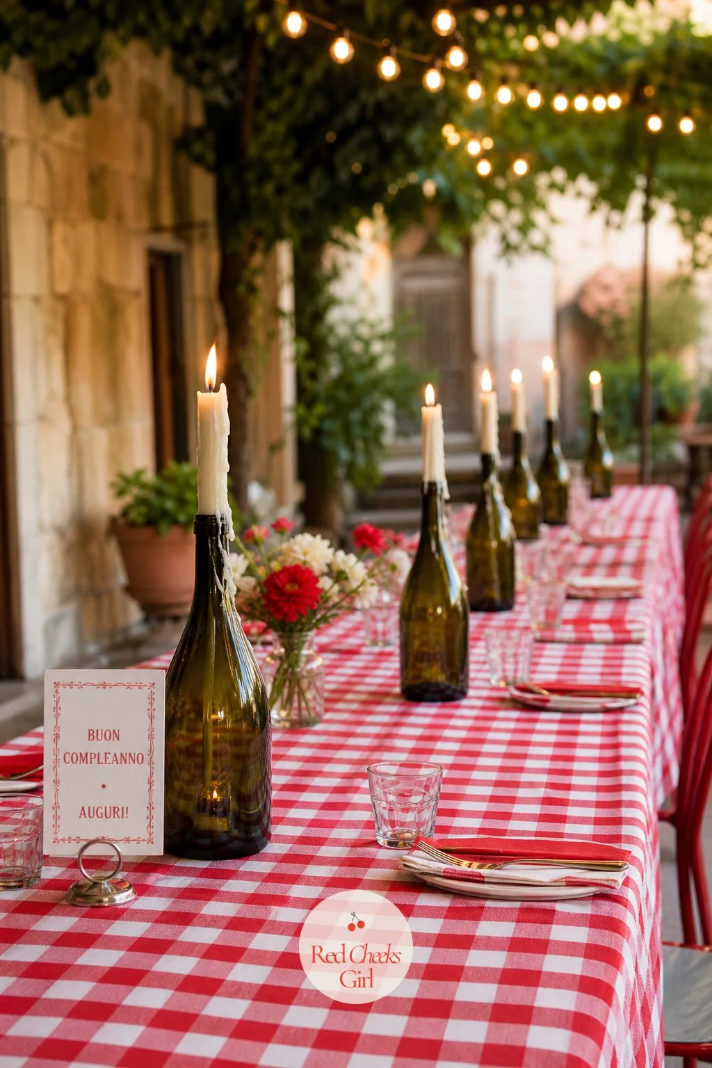 Checkered Tables with Wine Bottle Candleholders — Red and white gingham on a long table does the trattoria thing without a single prop beyond the cloth itself