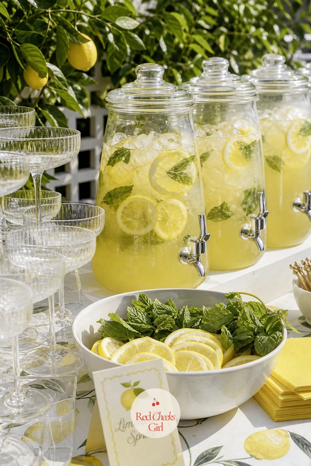 Limoncello Spritz Bar — A drink station earns its keep twice over: it keeps guests out of the kitchen and it gives the Amalfi half of this theme something to
