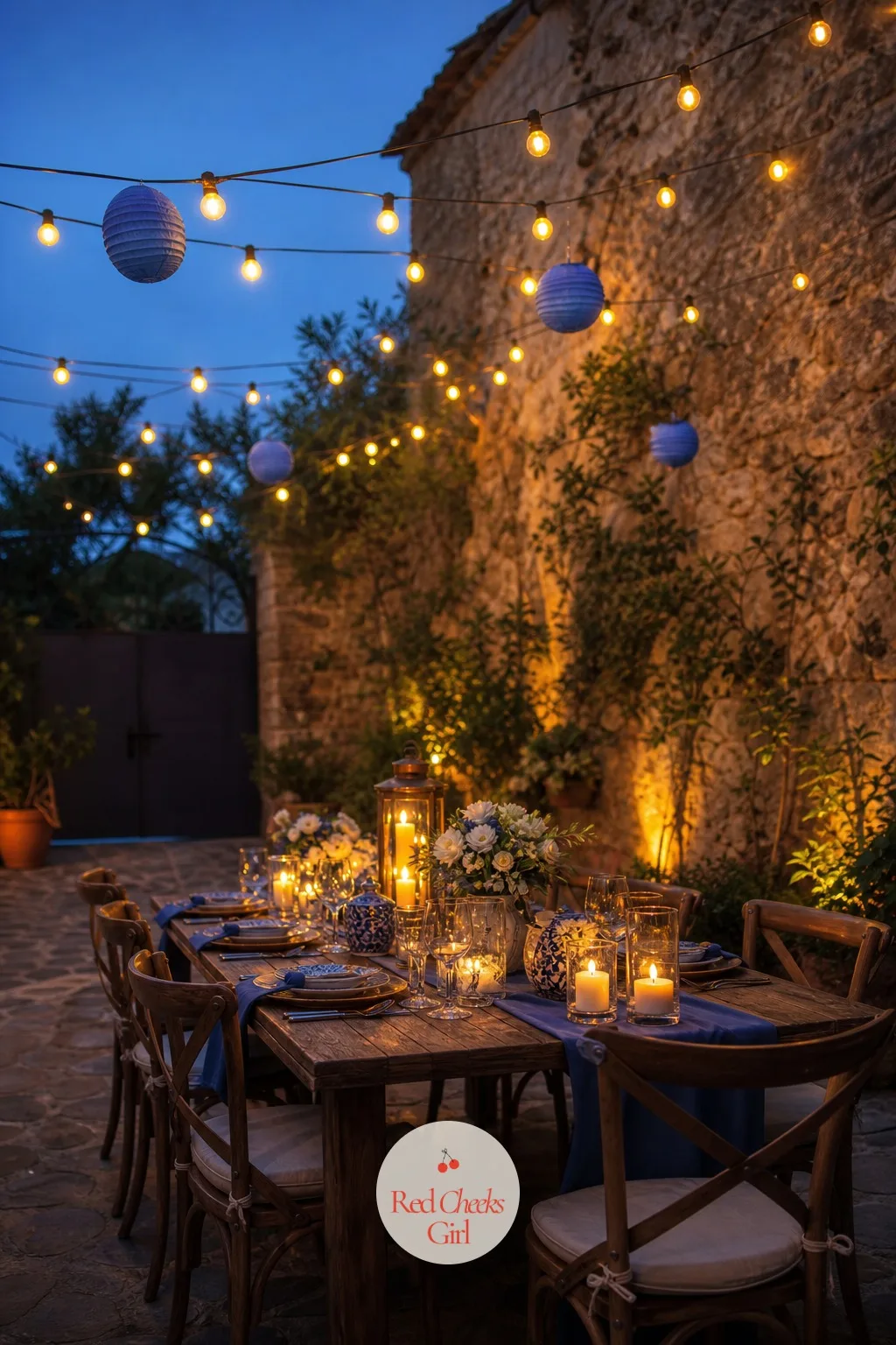A Long Table Strung with Lights — This is the picture that gives the whole night its name: a table that runs longer than it needs to, lit from above rather