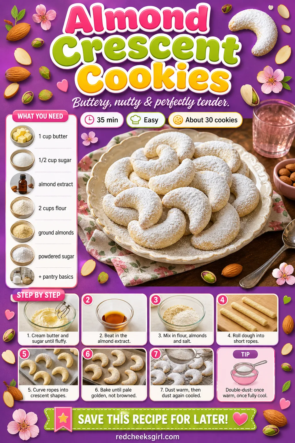 Almond Crescent Cookies Recipe Card printable sheet — Printable card for powdered sugar dusted almond crescent cookies. Italian christmas cookies
