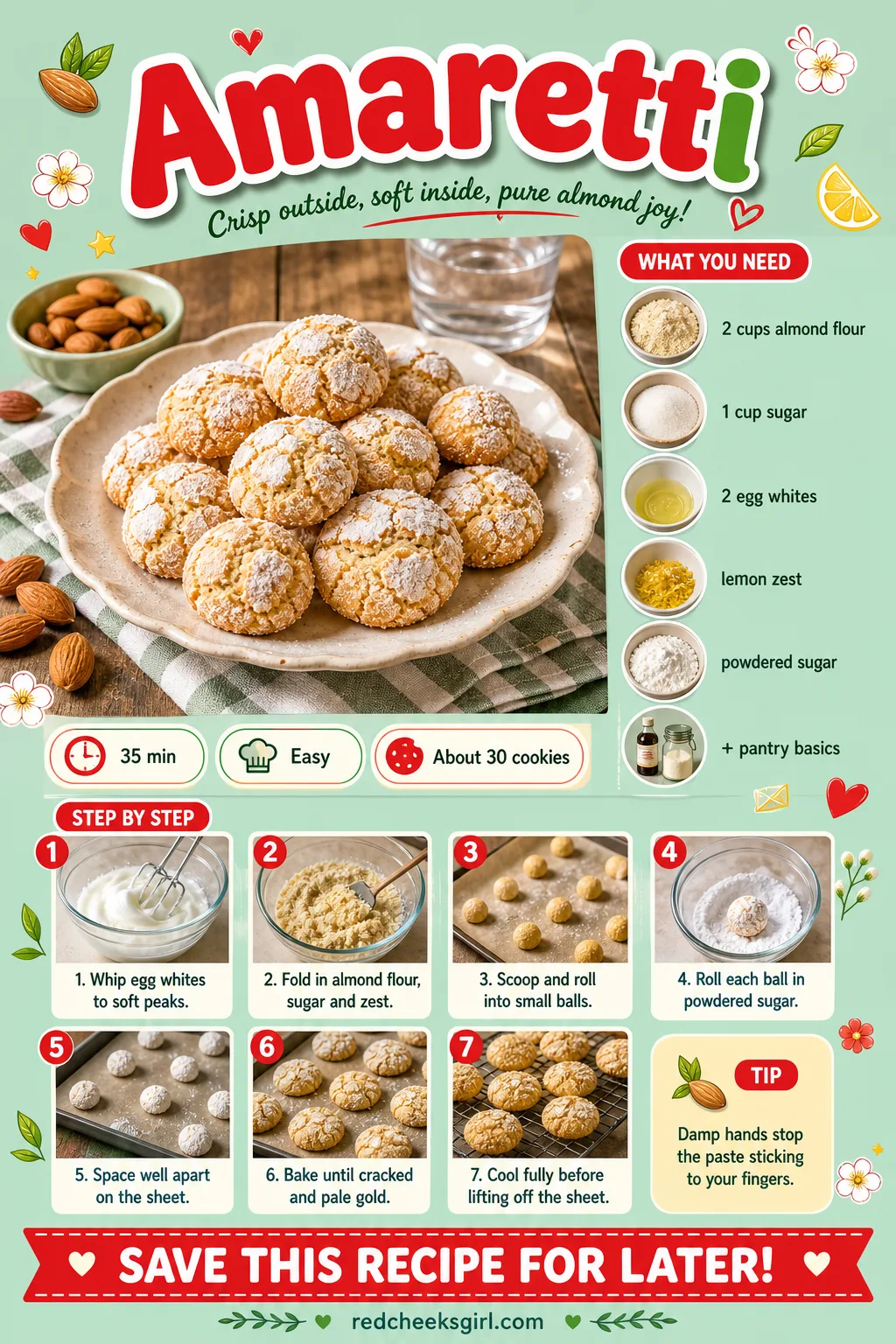 Amaretti Recipe Card printable sheet — Printable card for classic crackly amaretti cookies. Italian christmas cookies