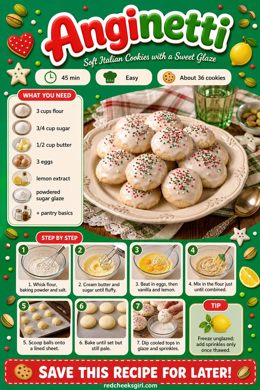 Anginetti Recipe Card printable sheet — Printable card for lemon-glazed anginetti with sprinkles. Italian christmas cookies