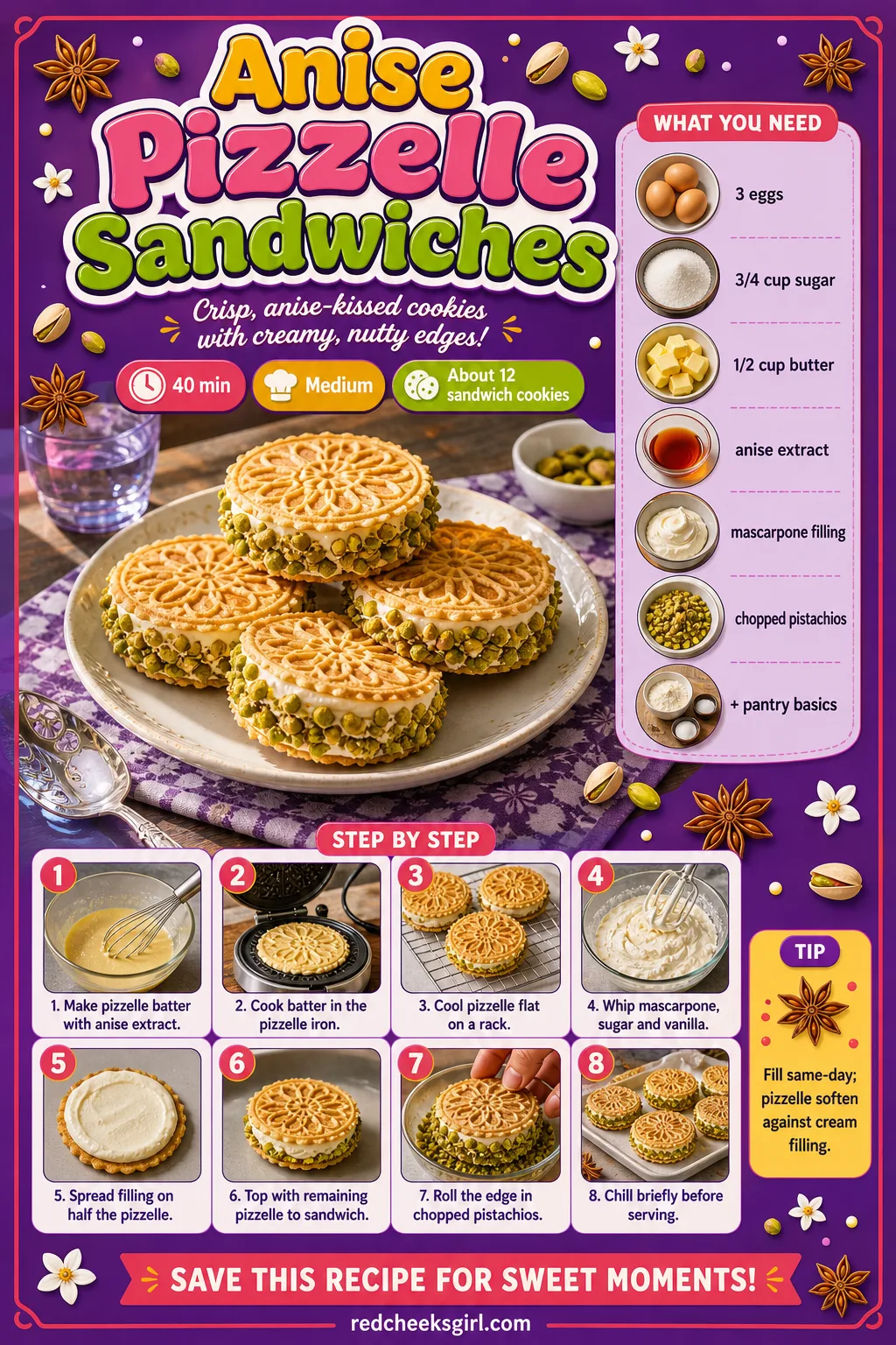 Anise Pizzelle Sandwiches Recipe Card printable sheet — Printable card for mascarpone-filled pizzelle sandwiches rolled in pistachio. Italian christmas cookies