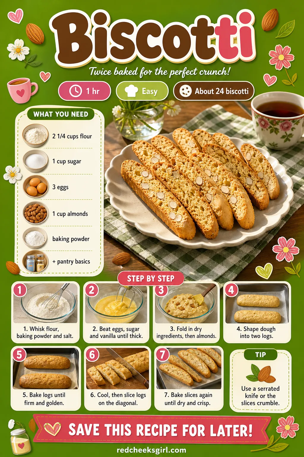 Biscotti Recipe Card printable sheet — Printable card for classic almond biscotti, twice baked. Italian christmas cookies