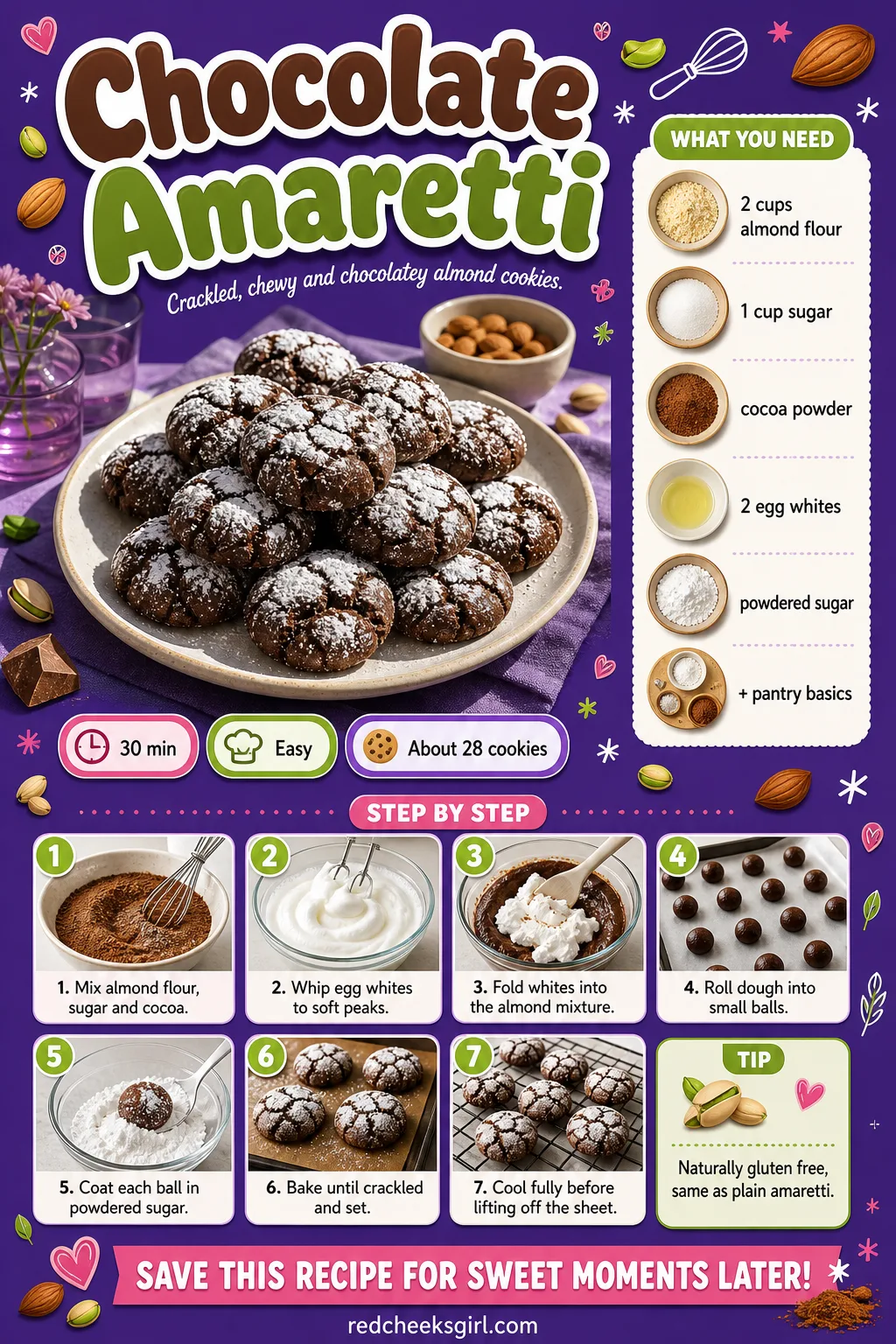 Chocolate Amaretti Recipe Card printable sheet — Printable card for cocoa-dusted chocolate amaretti cookies. Italian christmas cookies