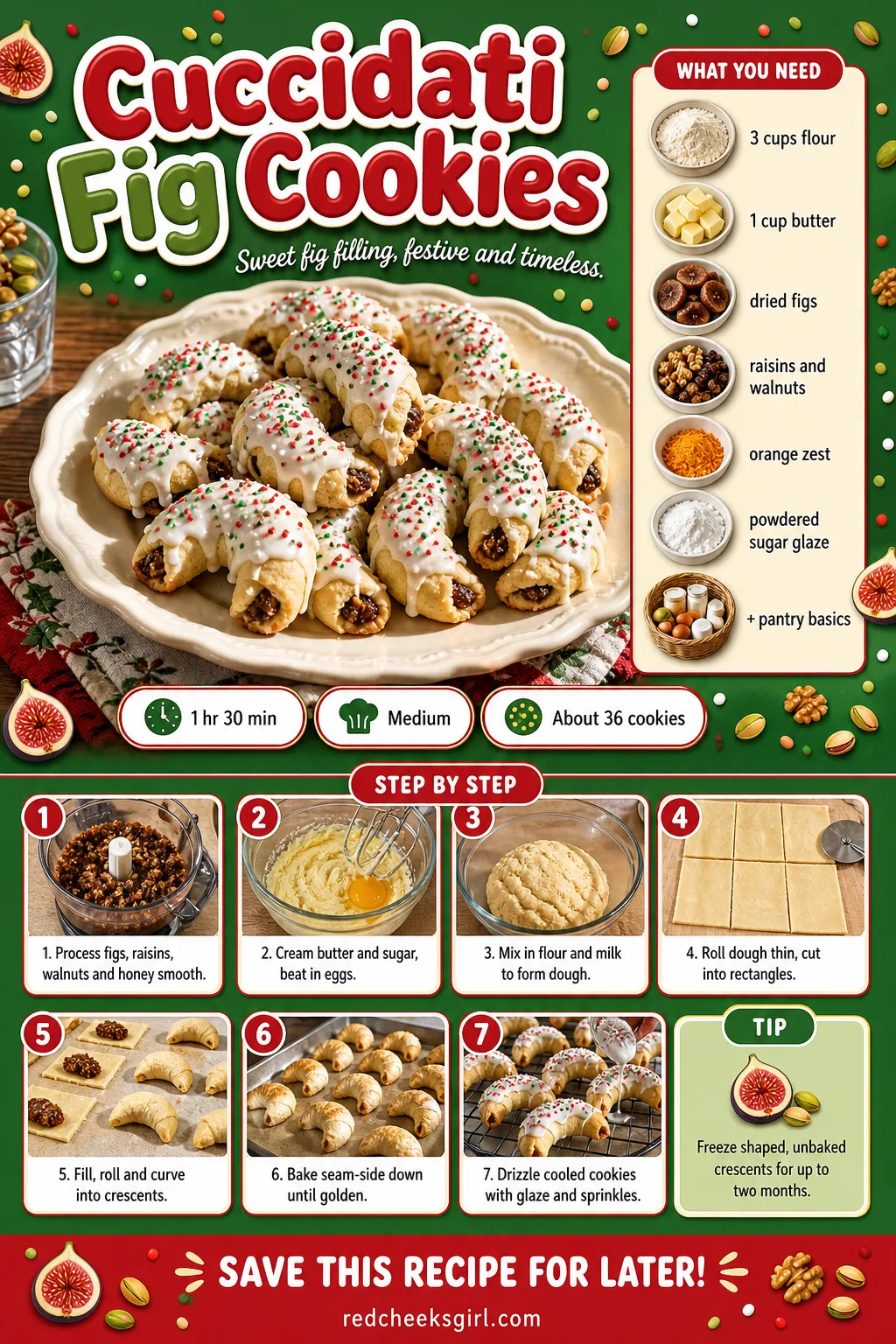 Cuccidati Fig Cookies Recipe Card printable sheet — Printable card for spiced fig-filled cuccidati crescents. Italian christmas cookies