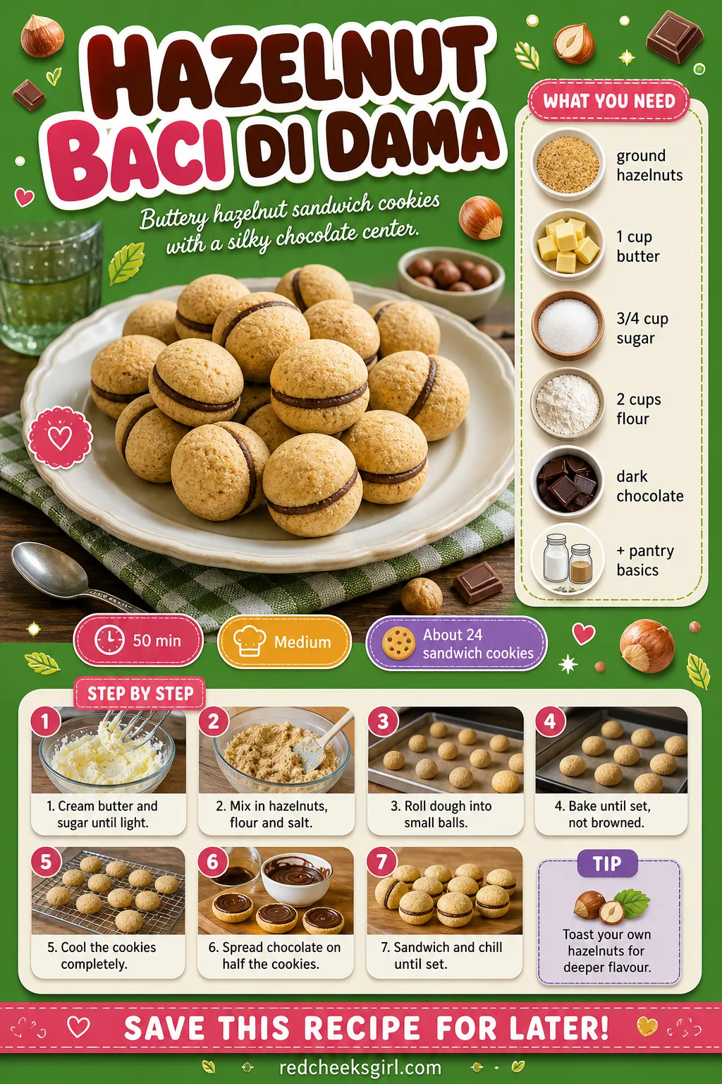 Hazelnut Baci Di Dama Recipe Card printable sheet — Printable card for chocolate-filled hazelnut sandwich cookies. Italian christmas cookies