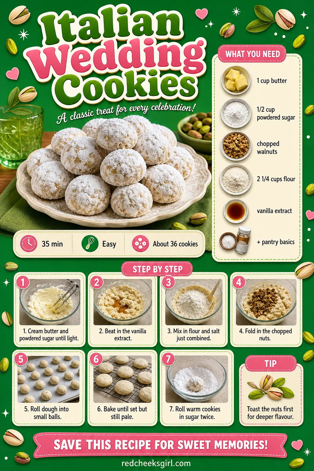 Italian Wedding Cookies Recipe Card printable sheet — Printable card for powdered sugar coated walnut snowball cookies. Italian christmas cookies