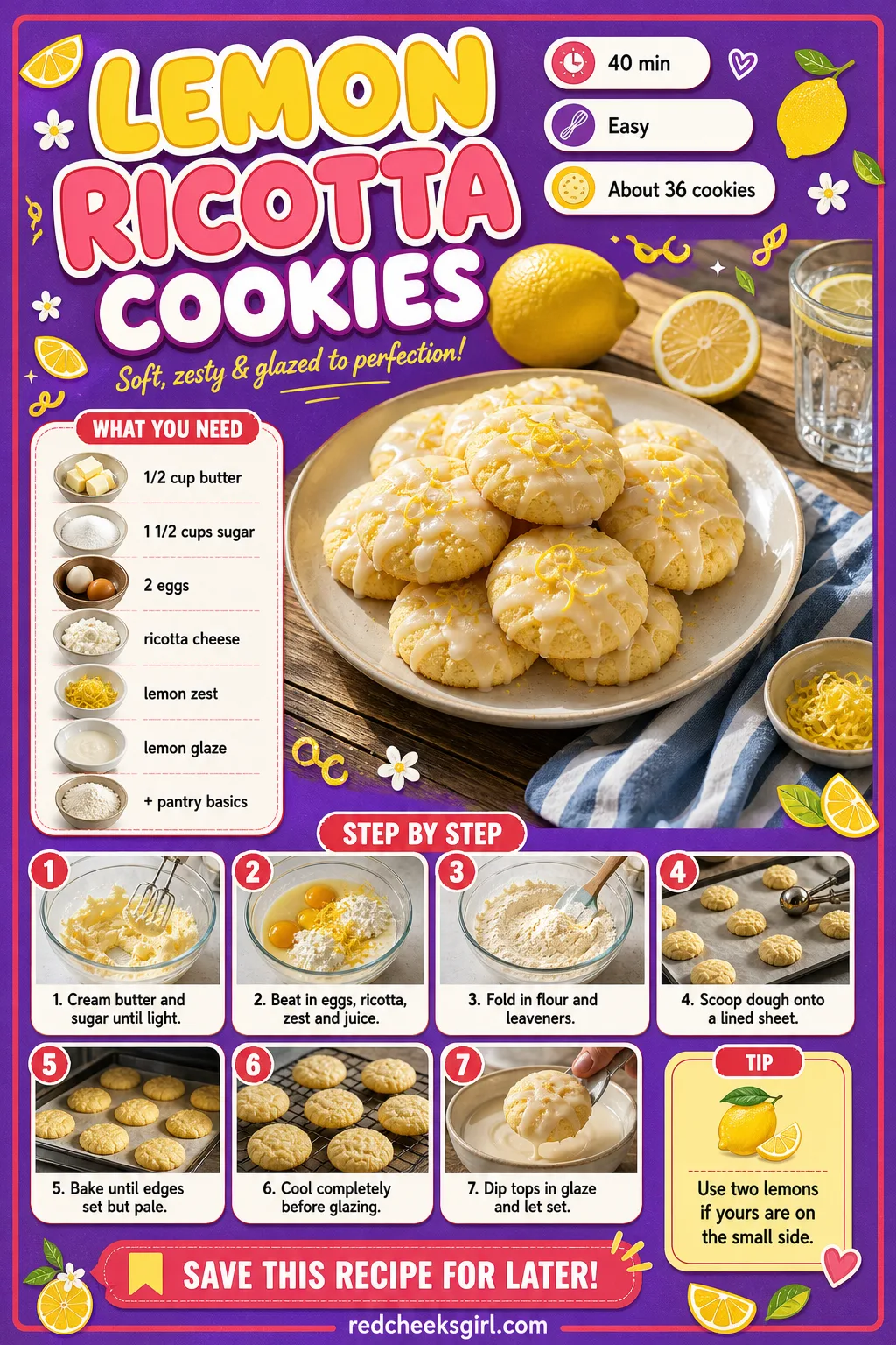 Lemon Ricotta Cookies Recipe Card printable sheet — Printable card for bright lemon-glazed ricotta cookies. Italian christmas cookies