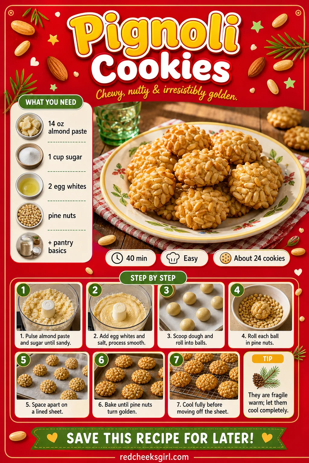 Pignoli Recipe Card printable sheet — Printable card for almond paste pignoli coated in pine nuts. Italian christmas cookies