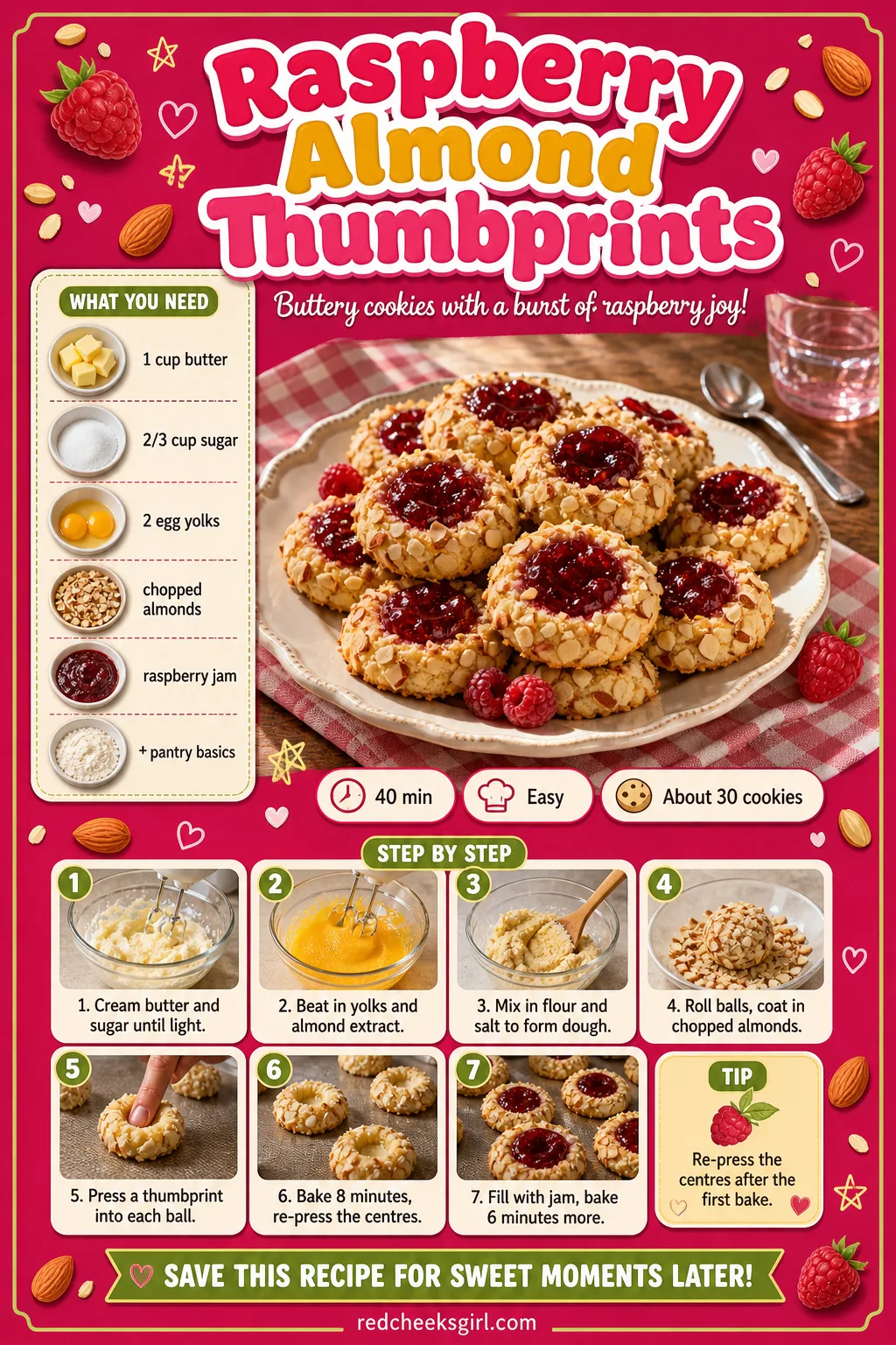 Raspberry Almond Thumbprints Recipe Card printable sheet — Printable card for almond-crusted thumbprint cookies filled with raspberry jam. Italian christmas