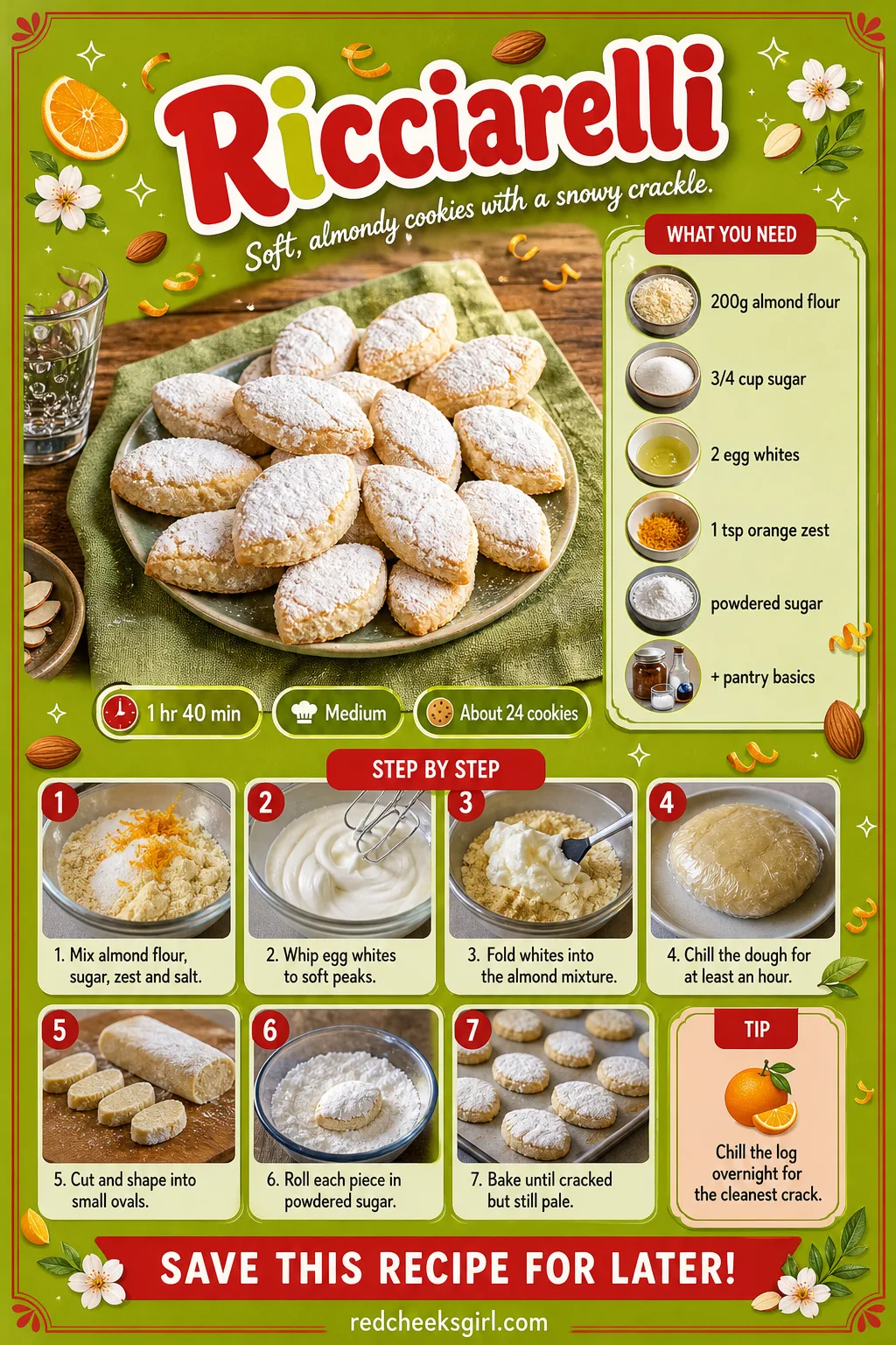 Ricciarelli Recipe Card printable sheet — Printable card for chewy almond ricciarelli, cracked tops and powdered sugar coating. Italian christmas cookies