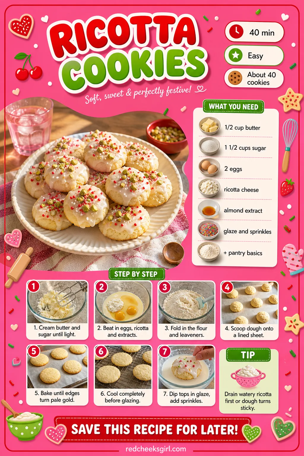 Ricotta Cookies Recipe Card printable sheet — Printable card for soft cake-like ricotta cookies with almond glaze. Italian christmas cookies