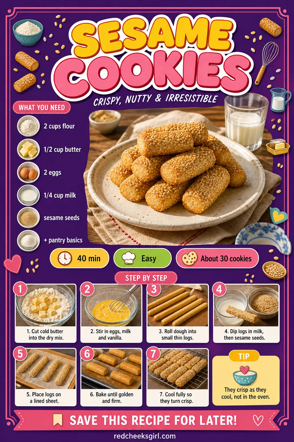 Sesame Cookies Recipe Card printable sheet — Printable card for crisp sesame-coated cookie logs. Italian christmas cookies