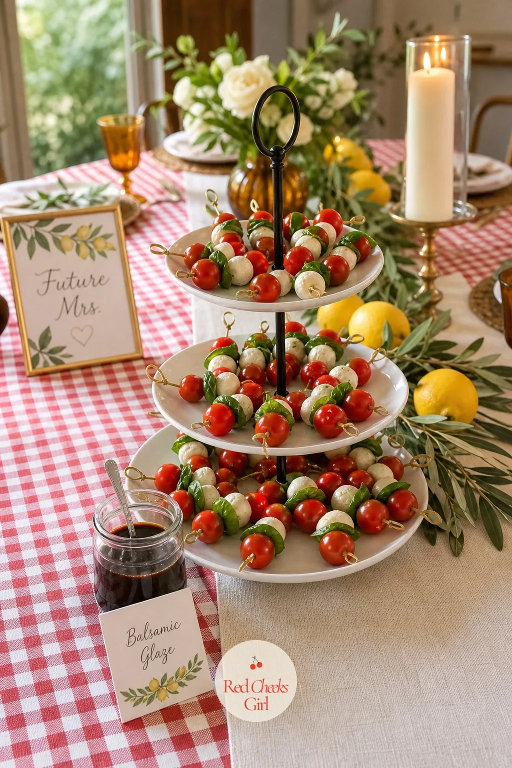 A Caprese Skewer Bar — One more thing to grab on the way past the pasta: skewers of cherry tomato, mozzarella and basil, standing on a tiered stand with a