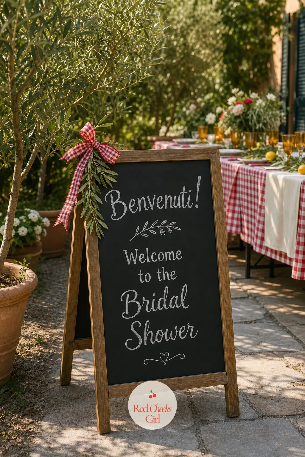 A Checkered Welcome Sign — Before anyone reaches the table, they pass this: a wooden easel sign at the entry path, a sprig of olive branch tucked at the