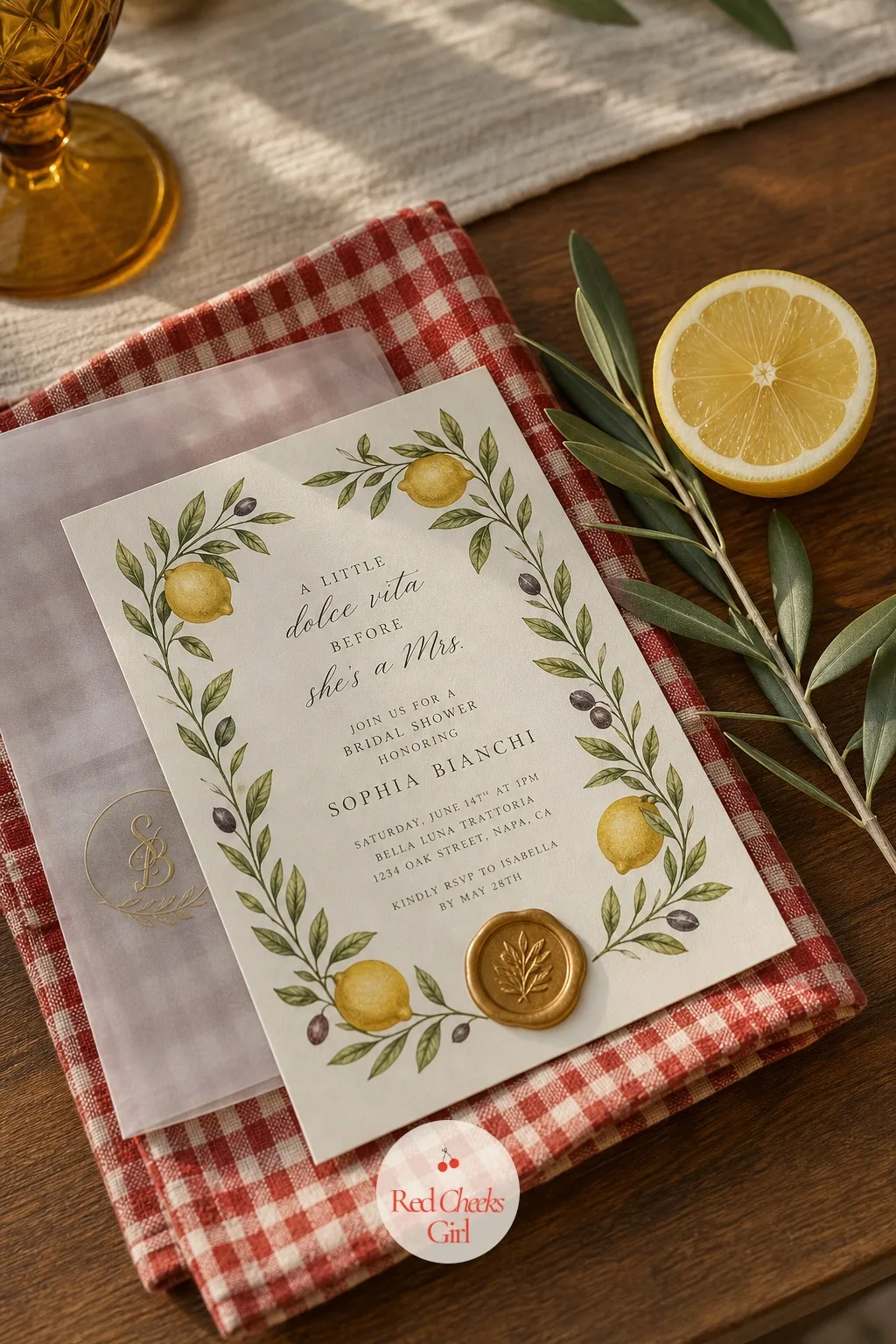 The Invitation — The invitation is the smallest thing here and the first thing anyone saw, so it closes the circle: cream cardstock with a lemon and olive