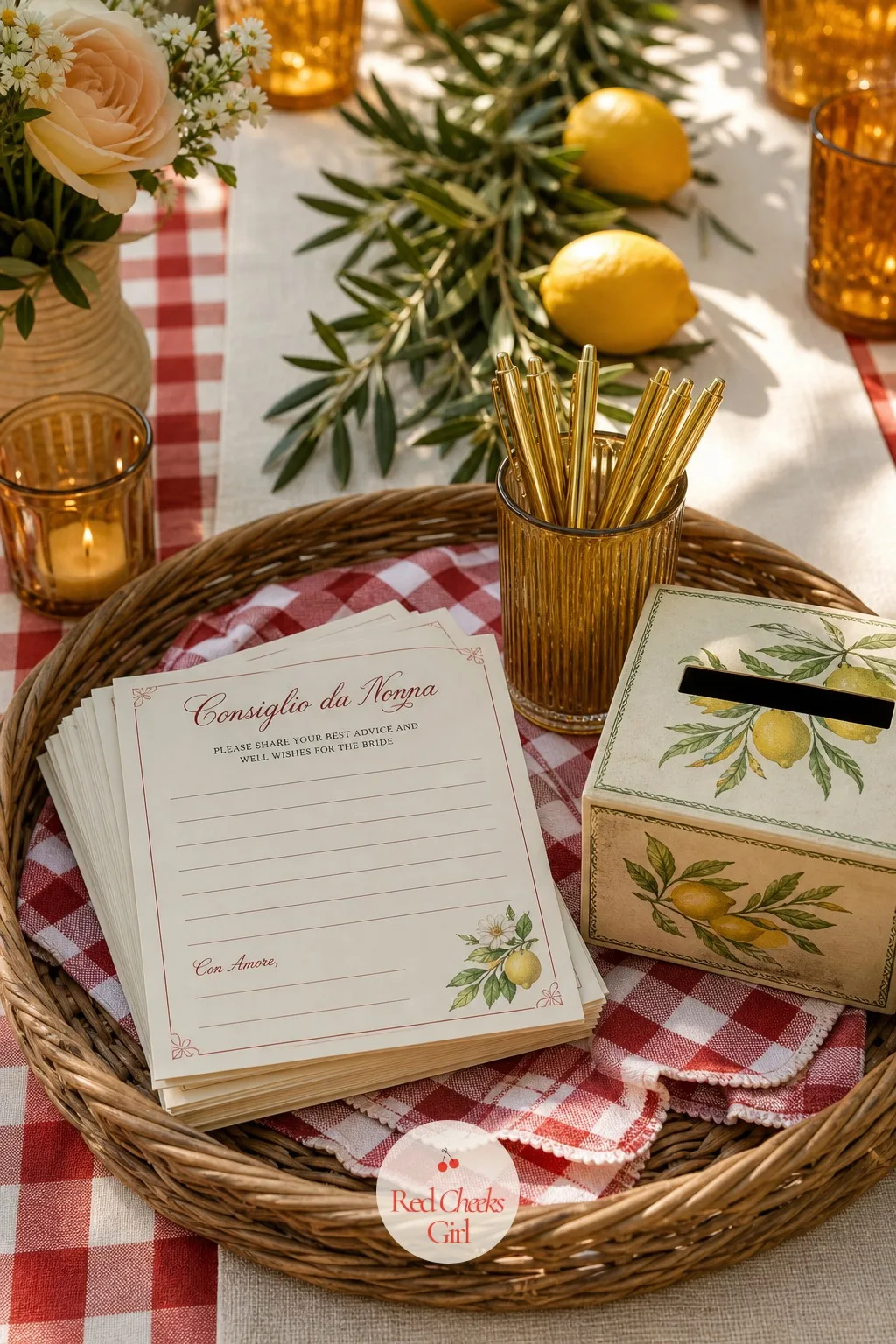Nonna's Advice Cards — Somewhere near the dessert table, a quieter activity for guests to drift toward over tiramisu: a small stack of cream cards headed