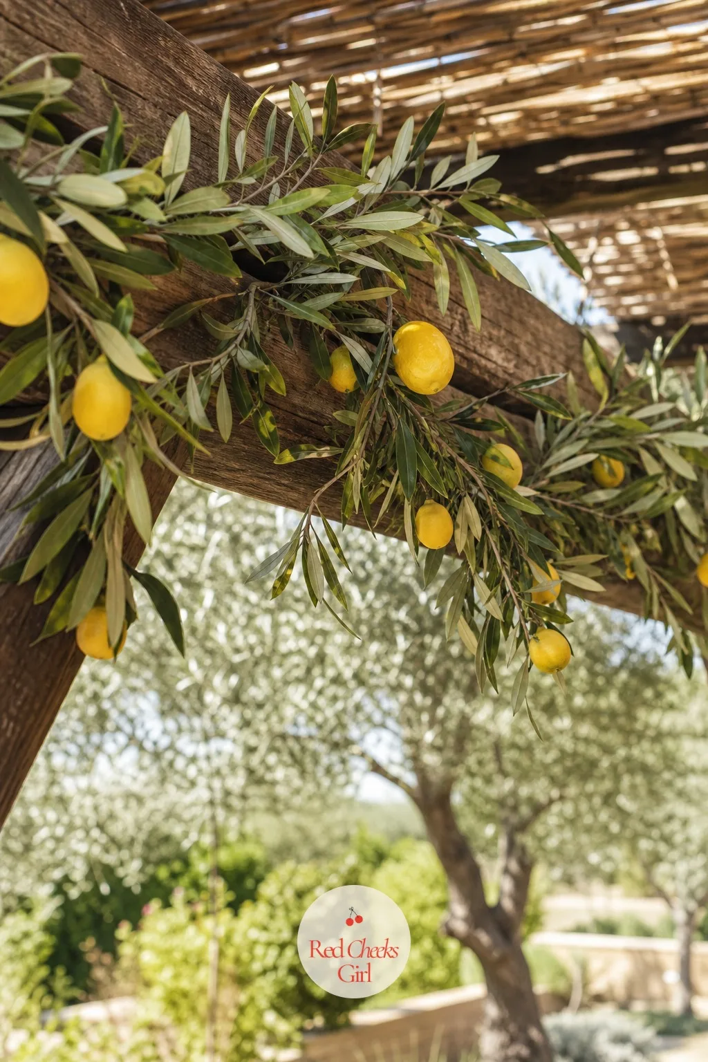 An Olive Branch and Lemon Garland — Look up and the same motif keeps going: a garland of olive leaf and lemon strung along the pergola beams, catching the