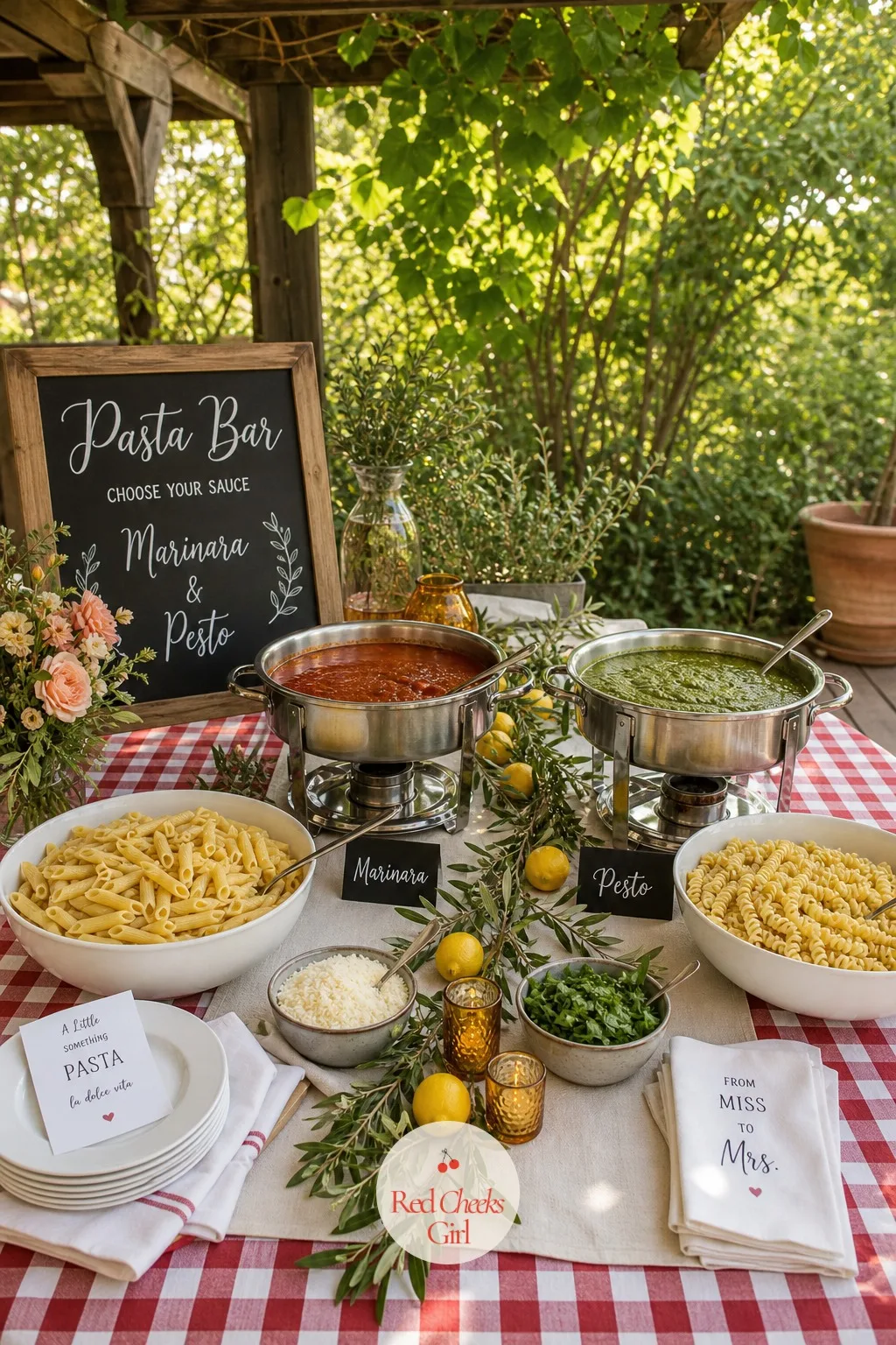 The Pasta Bar With Two Sauces — This is the part of the lunch that feels like a real meal: a self-serve station with two pasta shapes and two sauces, set up