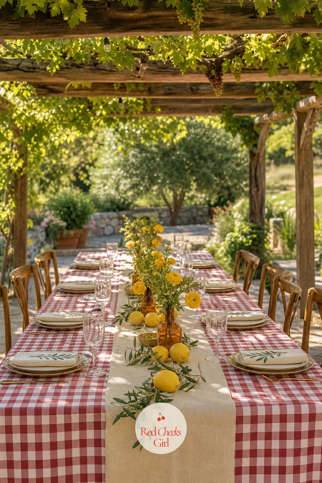 The Pergola Table — This is the first thing anyone sees walking in, so let it do the heavy lifting: a long table under the pergola, checked cloth catching the