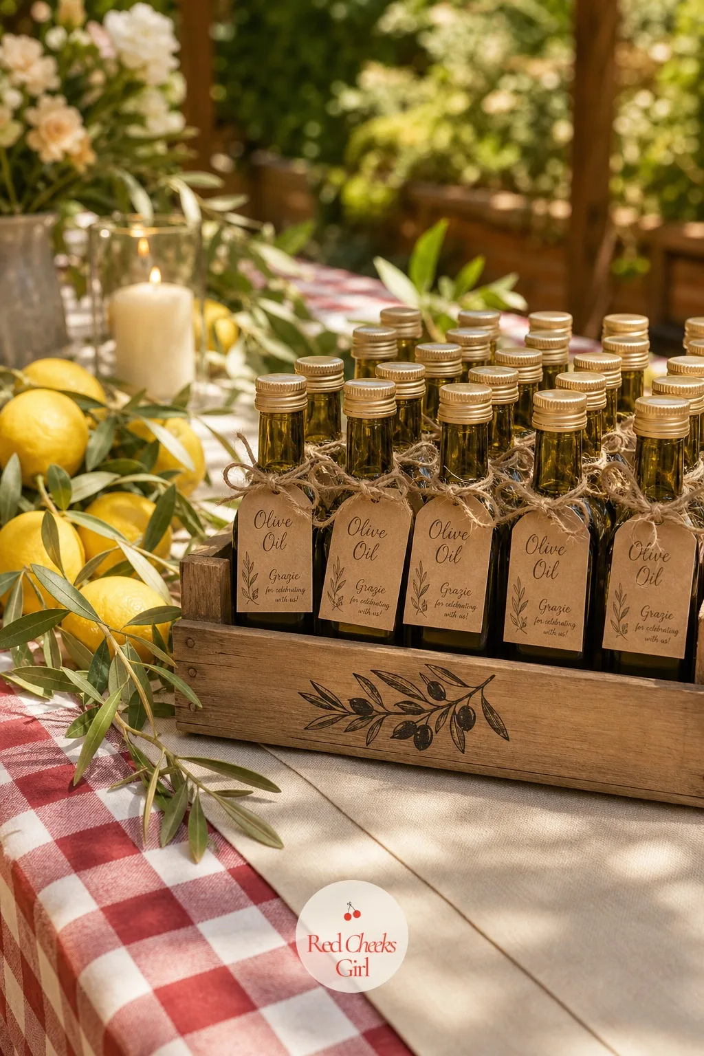 Small Bottles of Olive Oil — Near the exit, a small tray of bottles waiting to go home with everyone: mini olive oil bottles lined up, each one tied with a