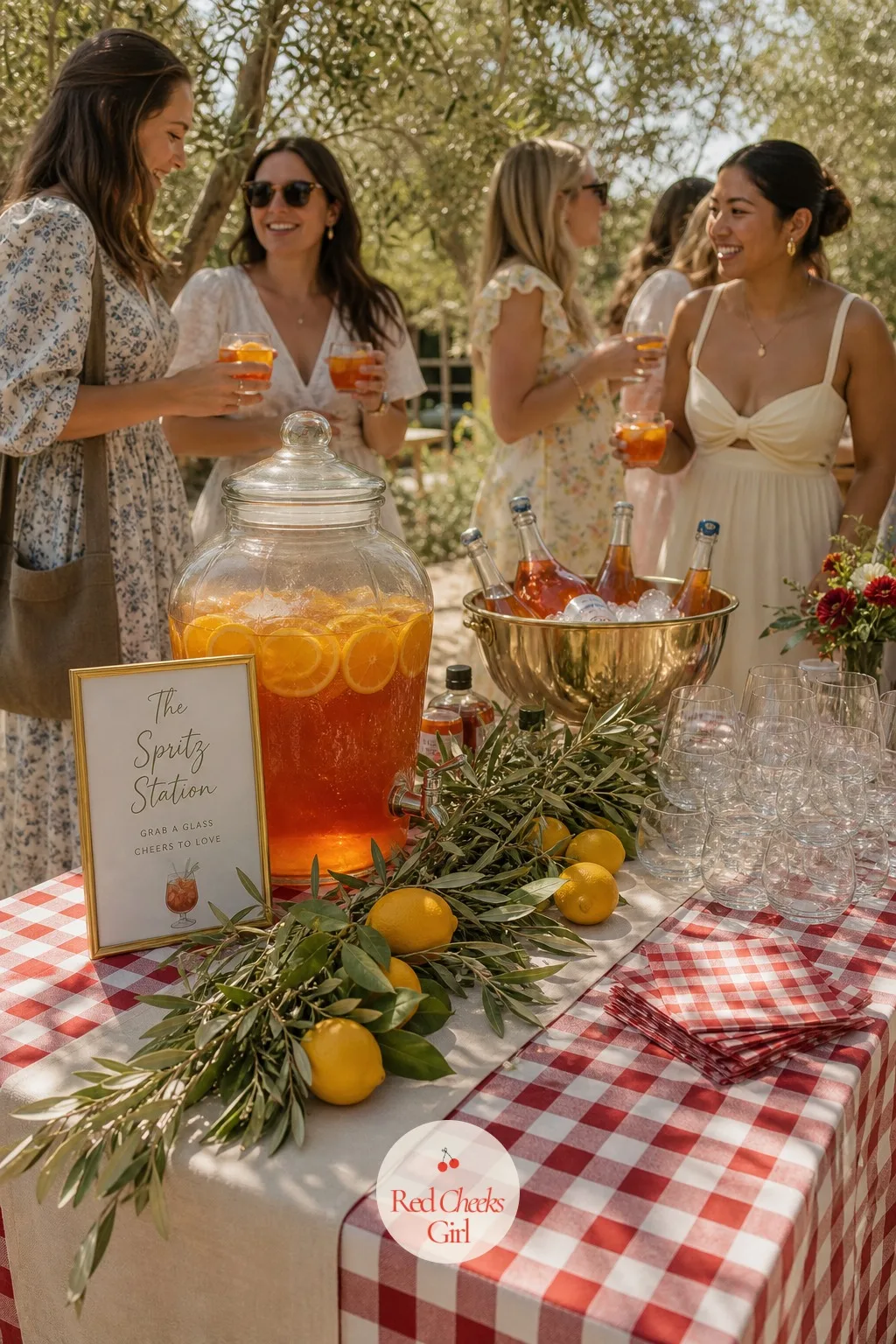 The Spritz Station With Orange Slices — Somewhere within reach of the table, a drinks station glowing orange and gold: a dispenser of spritz, orange slices