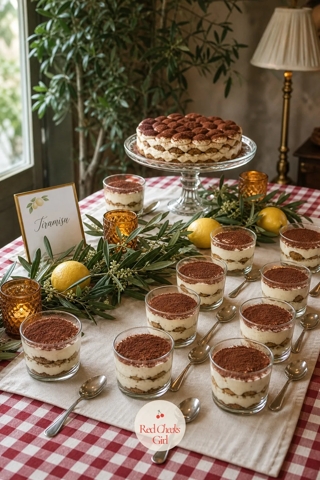 Tiramisu in Glasses — Dessert arrives the way it should at the end of a long Italian lunch: individual tiramisu in glasses, lined along a cream clothed table