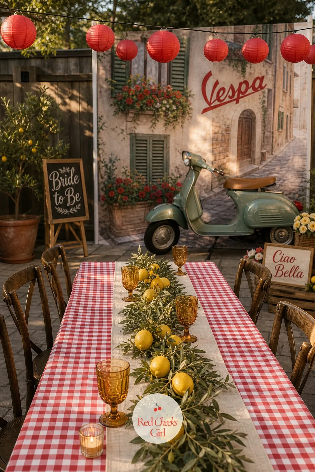 A Vespa Photo Corner — For the photos that end up framed afterward: a small corner dressed like a side street in Italy, a backdrop banner of shuttered windows