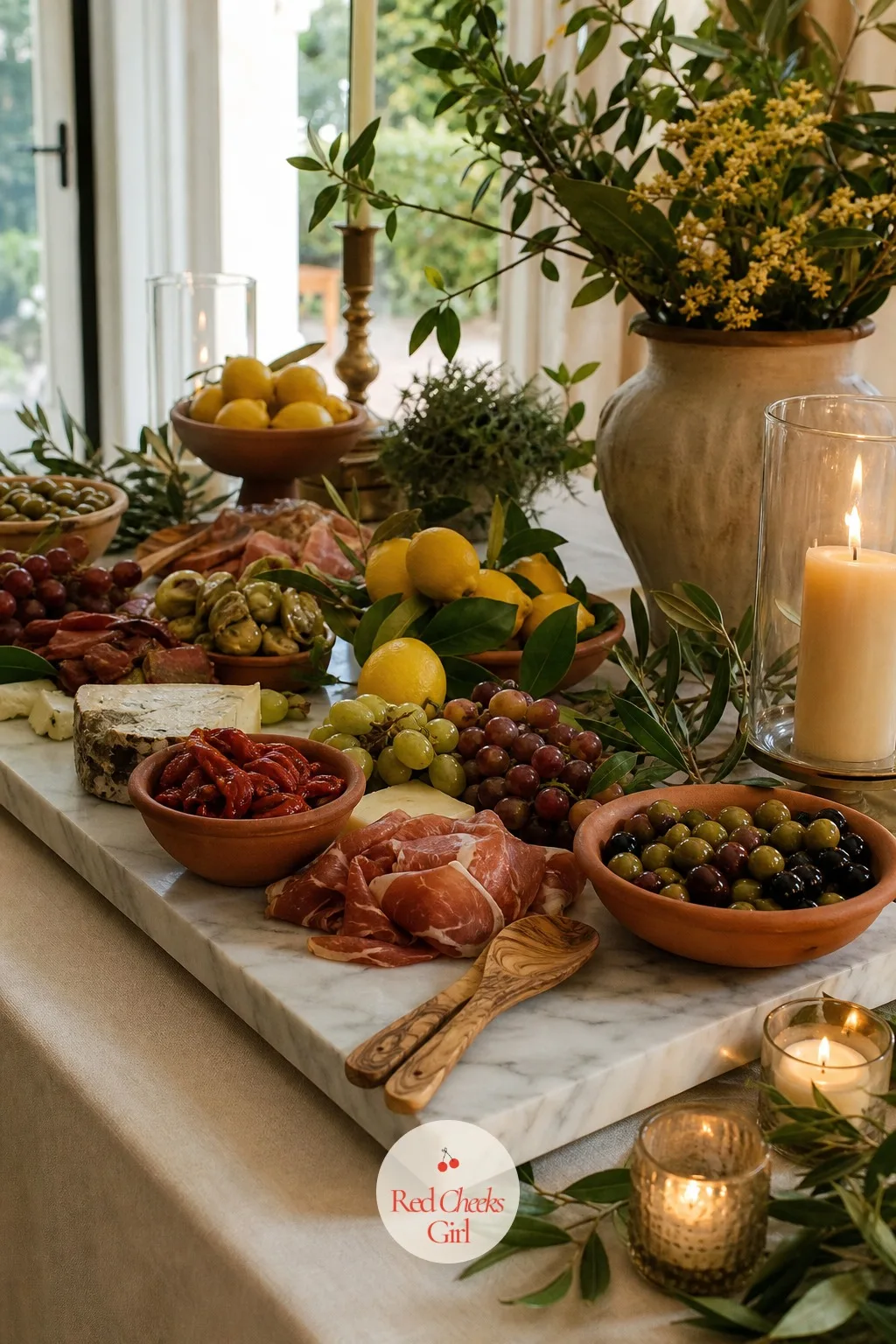 Antipasto Table with Marble and Terracotta — A single cheese board looks stingy next to a long reception table. Italian wedding aesthetic