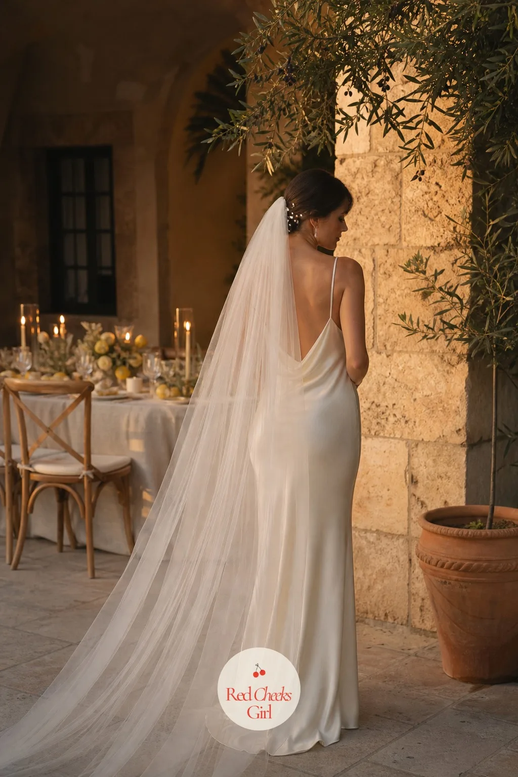 The Bride's Veil and Silk Gown — A heavily structured gown can fight against a theme built on ease. Italian wedding aesthetic