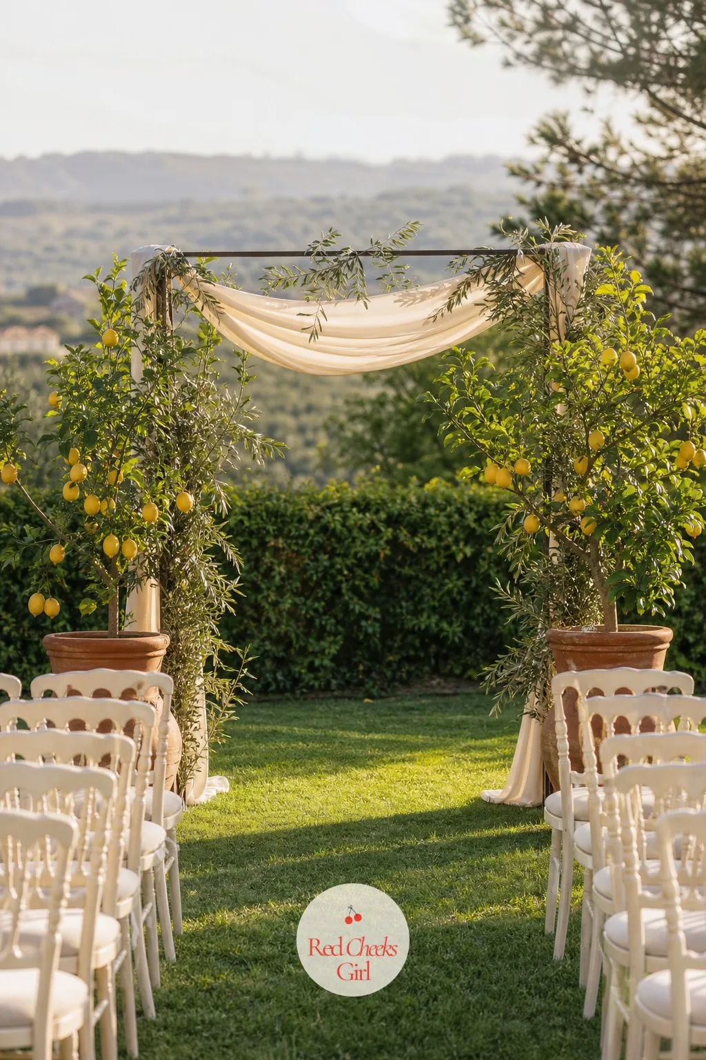 Ceremony Backdrop with Potted Lemon Trees — A bare arch reads like a courthouse, and that is the last thing you want behind your vows. Italian wedding aesthetic