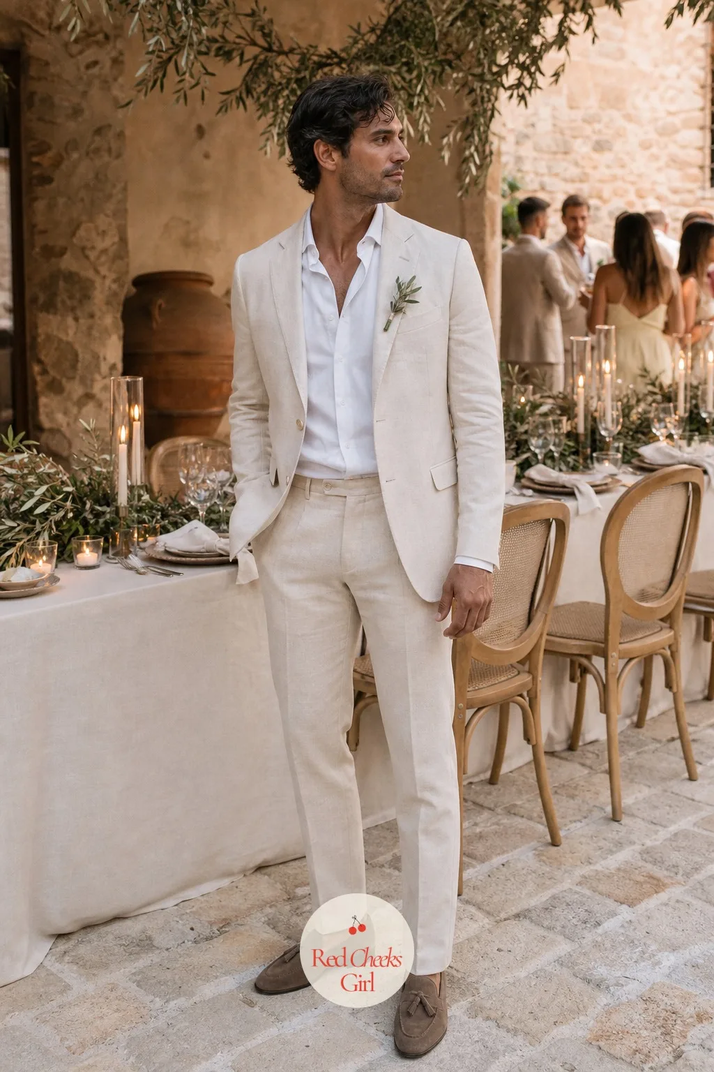 The Groom's Cream Linen Suit — A black tuxedo looks wrong against lemon trees and candlelight; it belongs to a different, colder kind of wedding. Italian