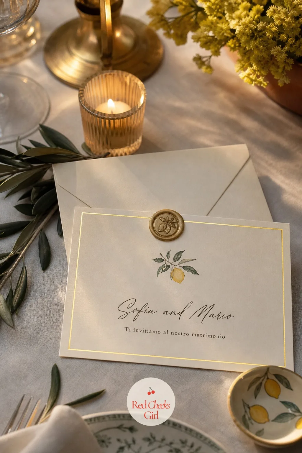Invitation with a Wax Seal and Citrus Motif — An invitation printed on plain white cardstock promises nothing about the party to come. Italian wedding aesthetic