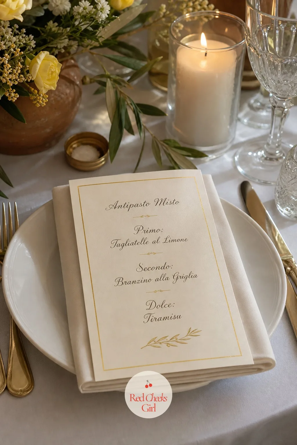 Menu Cards Printed in Italian — An English menu card feels like an afterthought at a table already speaking this theme's language in every other object.