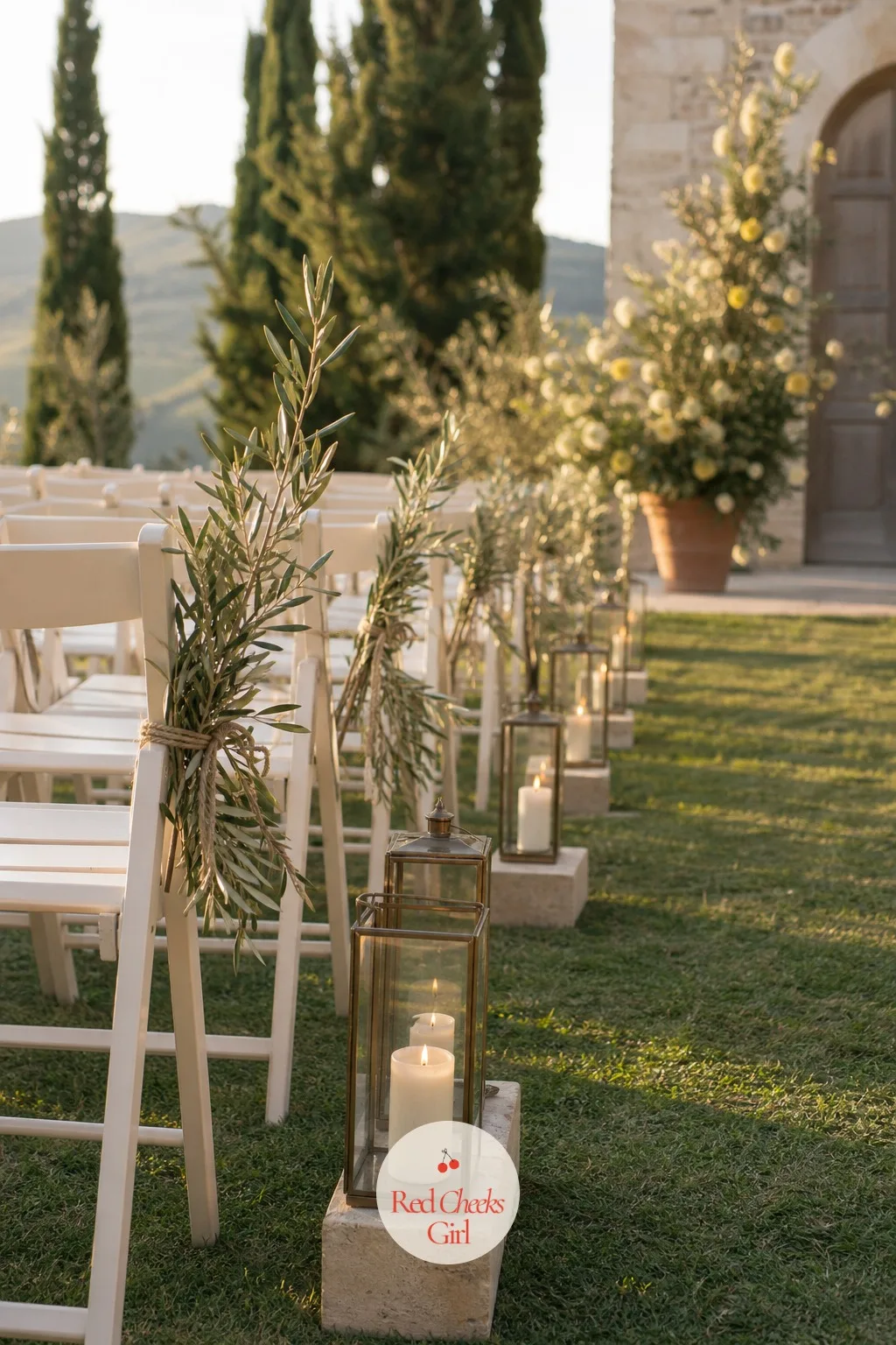Olive Branch Aisle with Hanging Lanterns — An empty aisle feels like a long walk to nowhere. Italian wedding aesthetic