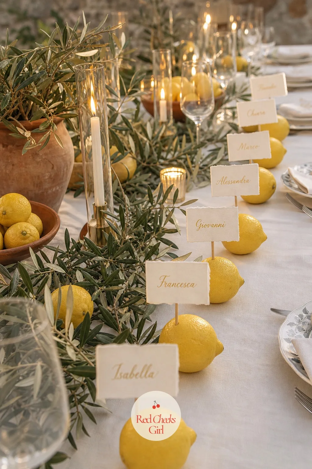 Place Cards Tucked into Lemons — A folded paper place card disappears among the glassware and candles. Italian wedding aesthetic