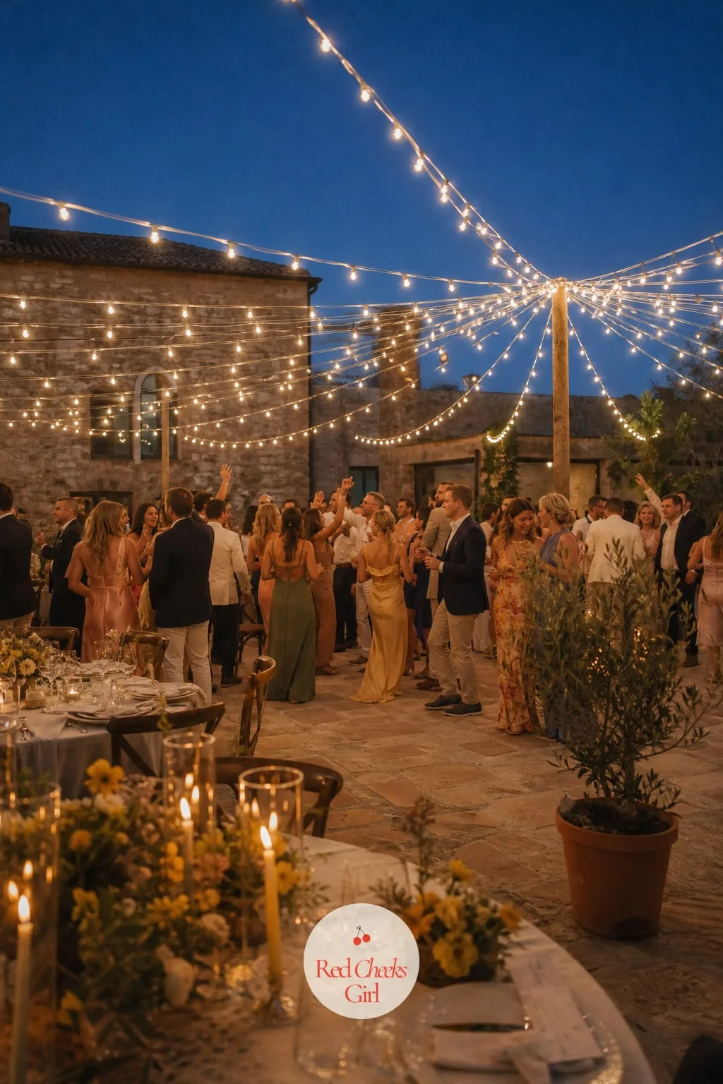 String Light Canopy Over the Dance Floor — Once the sun drops, an unlit dance floor goes flat fast. Italian wedding aesthetic