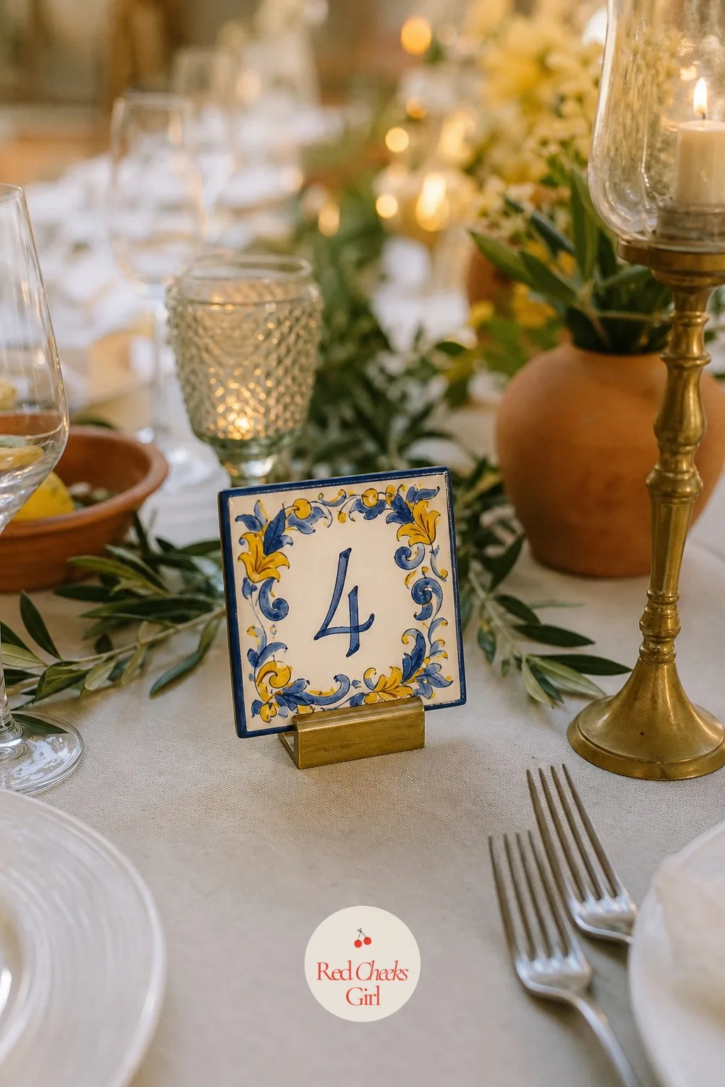 Table Numbers in Hand-Painted Majolica Tiles — A printed number on a stick looks like it belongs at a conference, not a long table lit by candles. Italian