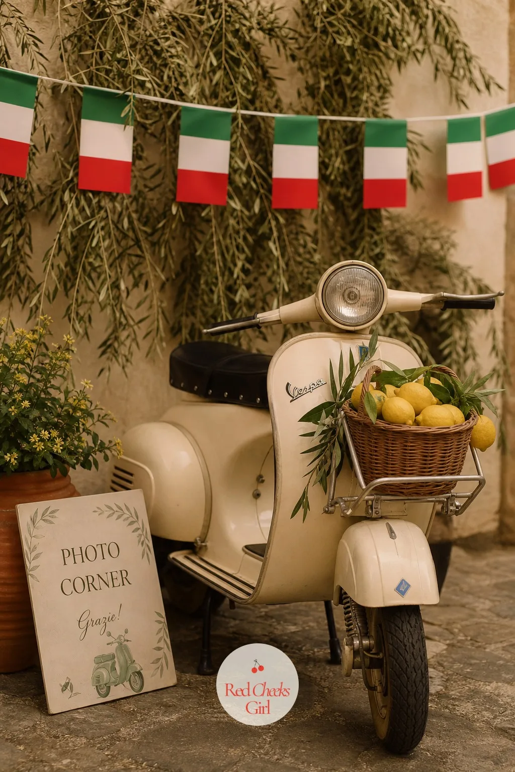 Vintage Vespa Photo Corner — Guests want somewhere to take a photo that is not just the dessert table. Italian wedding aesthetic