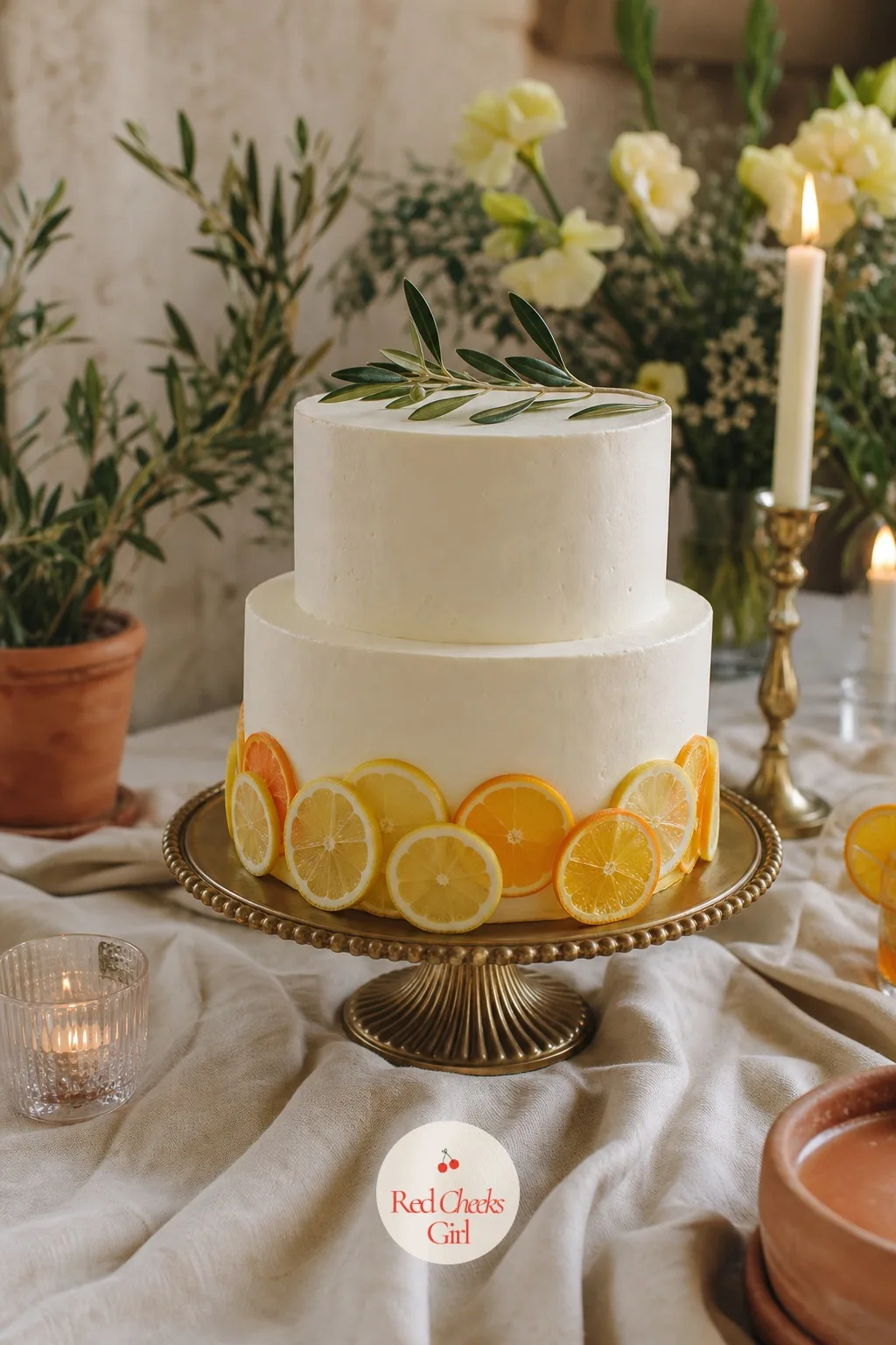Wedding Cake with Fresh Citrus — A white fondant tower looks borrowed from a different wedding entirely. Italian wedding aesthetic