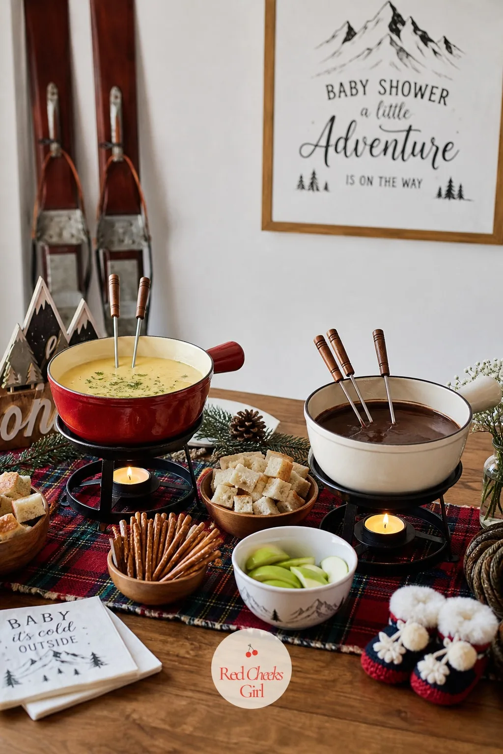 Apres-Ski with Fondue — A fondue pot in the middle of a baby shower looks like an odd choice until guests realise nobody has to cook or serve. January baby