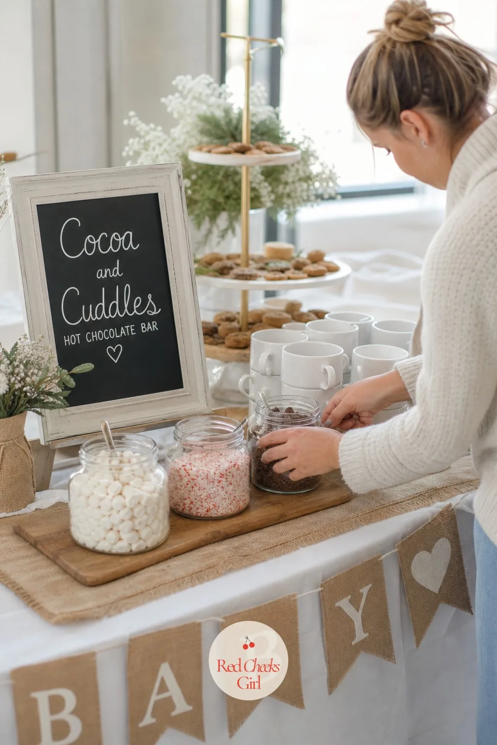 Cocoa and Cuddles Hot Chocolate Bar — Every winter shower list suggests a hot chocolate bar; the trick is making it look like more than a kettle and a jar of