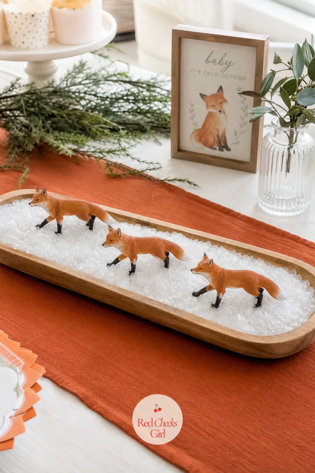 Fox in the Snow — Orange and white together can veer Halloween if the orange goes too bright, so pull it toward rust instead of pumpkin. January baby shower