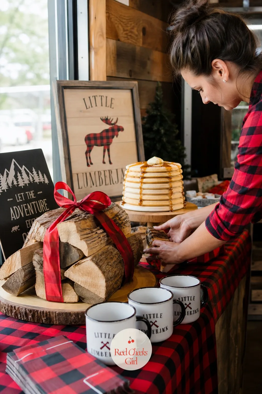 Little Lumberjack — Flannel already does the theme's heavy lifting, so keep the rest plain: red and black buffalo check on the table, nothing else patterned.