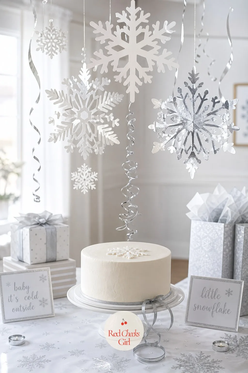 Little Snowflake — Not every theme needs a prop table: this one lives entirely in the paper. January baby shower themes